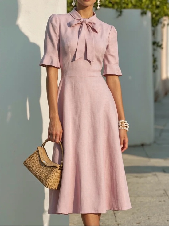 Chilinen/Linen Vibes Dresses & Skirts - Bow-Tie Neck Midi Dress in Soft Pink #156